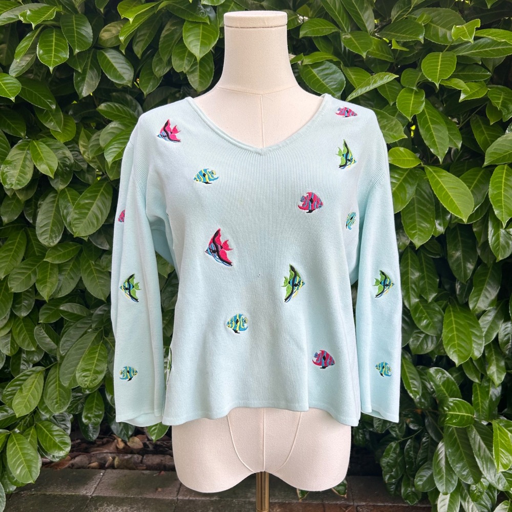 Vintage 90s Alexandra Bartlett Blue Fish Embroidered Ribbed PXL
